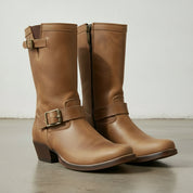 Men's Tan Plain-Toe Leather Biker Boots