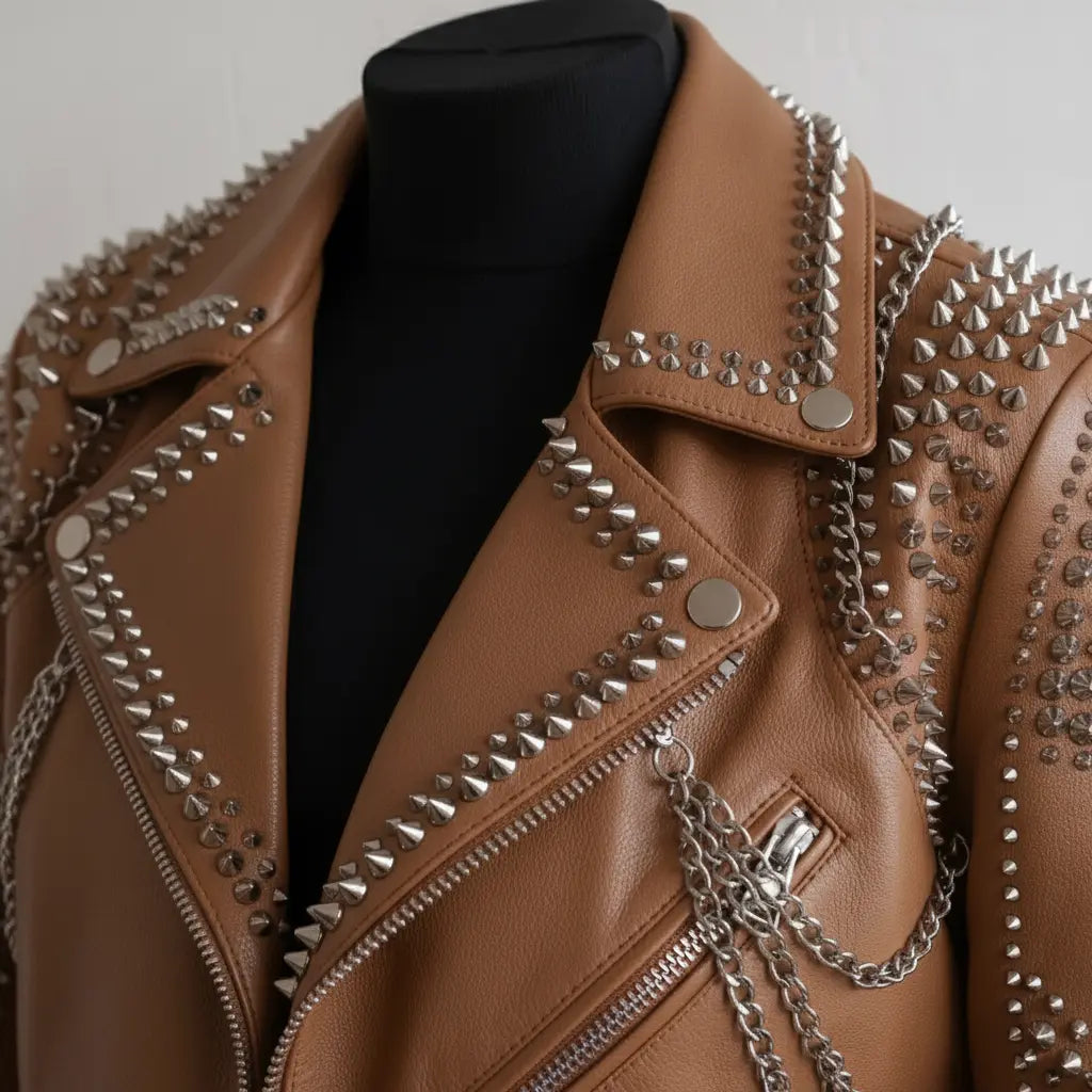 Women's Brown Studded Leather Biker Jacket — Seddon