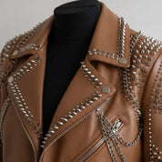 Women's Brown Studded Leather Biker Jacket — Seddon