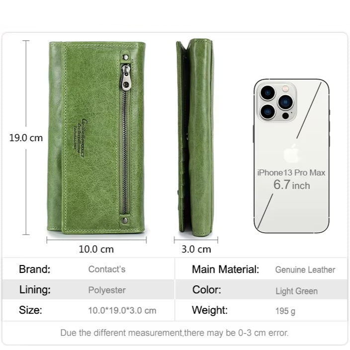 Long Bifold Leather Phone Wallet with Zippered Coin Pocket