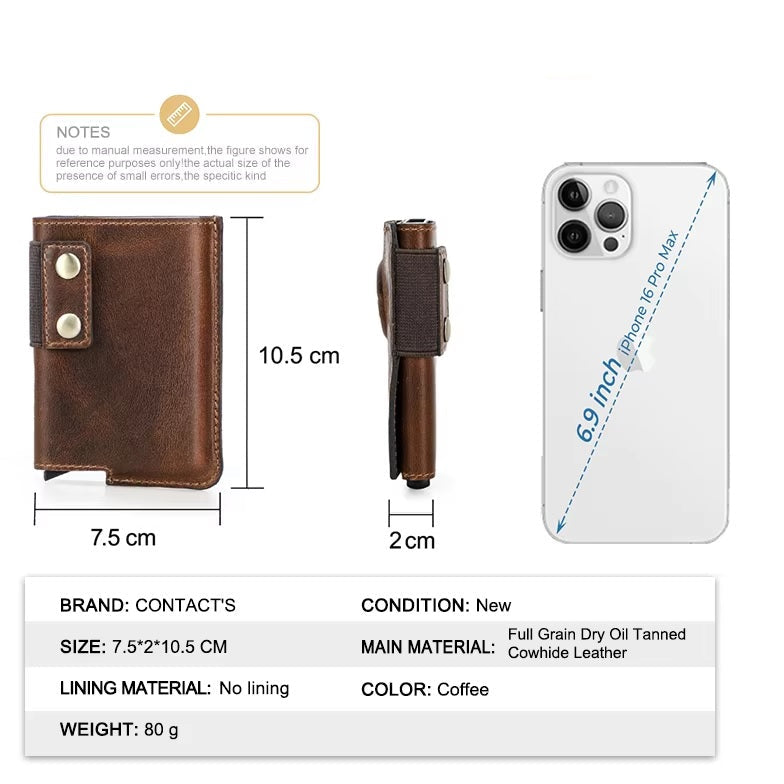 Men’s Genuine Leather Pop-Up Wallet - RFID Card Holder with Aluminum Box & Coin Pocket