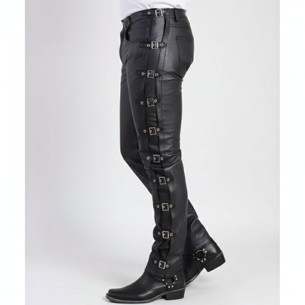Men's Slim Fit Buckle Leather Pants for Casual and Party Wear