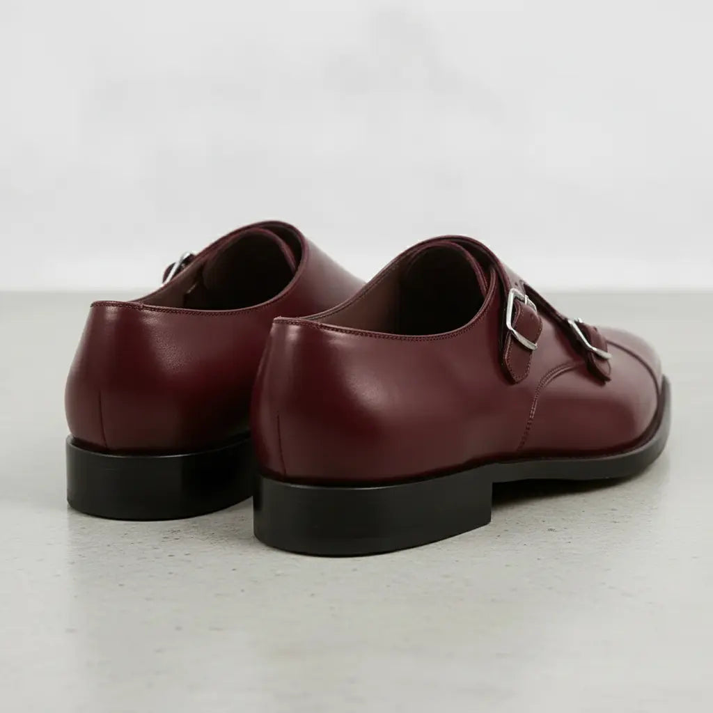 Men's Dark Burgundy Cap-Toe Leather Double Monk Strap Shoes — Albemarle