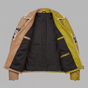 Men's Tan and Lime Green Studded Leather Biker Jacket — Ardmore