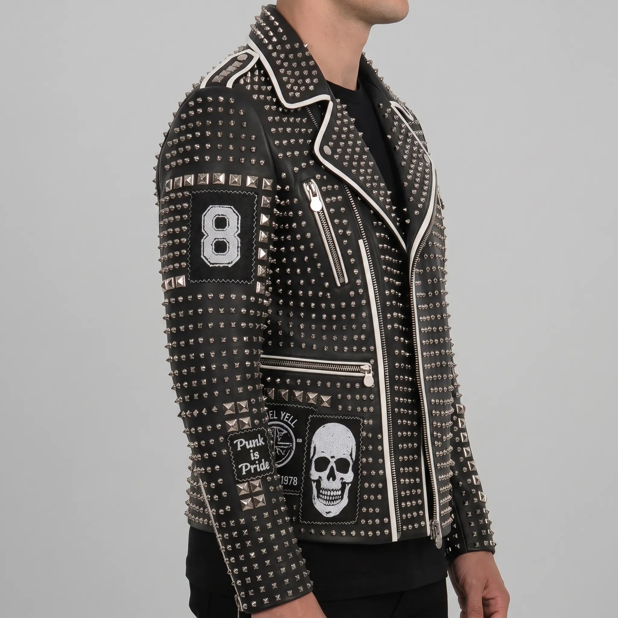 Men's Black Studded Leather Biker Jacket — Binley