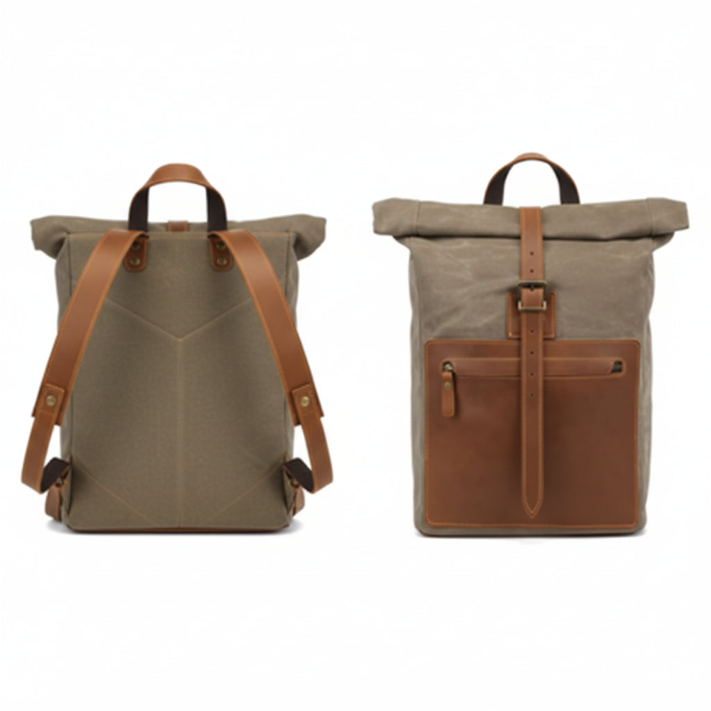 Black and Brown Leather-Accented Canvas Backpack