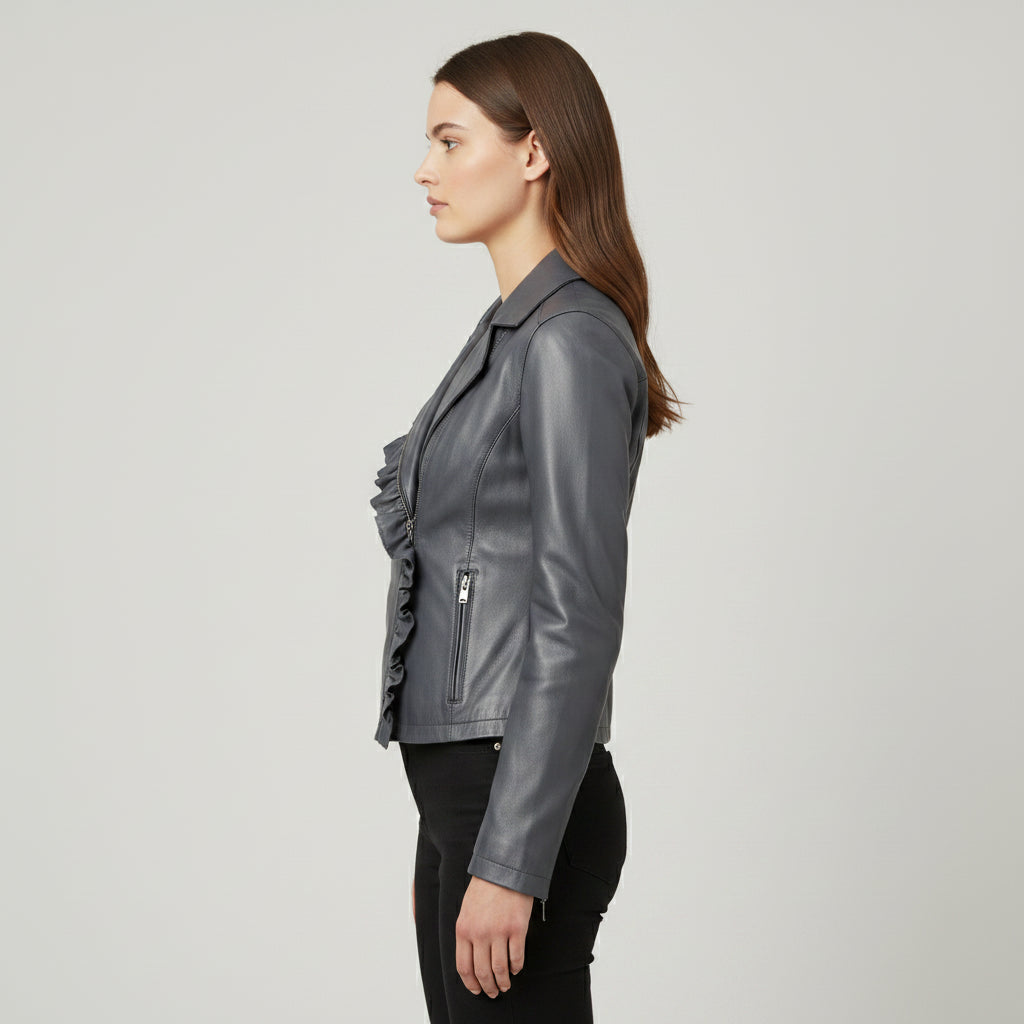 Women's Slim Fit Leather Biker Jacket with Frill Detail