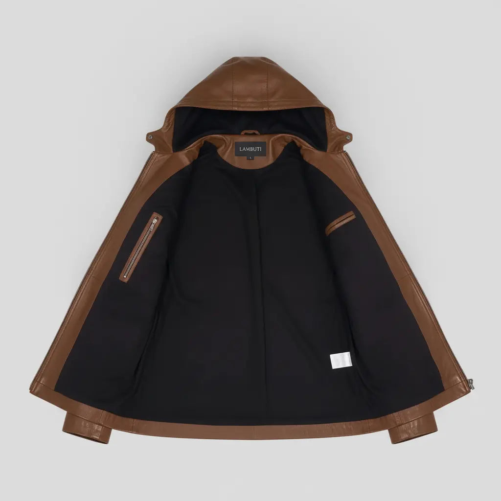 Women's Brown Hooded Leather Jacket — Baldwin