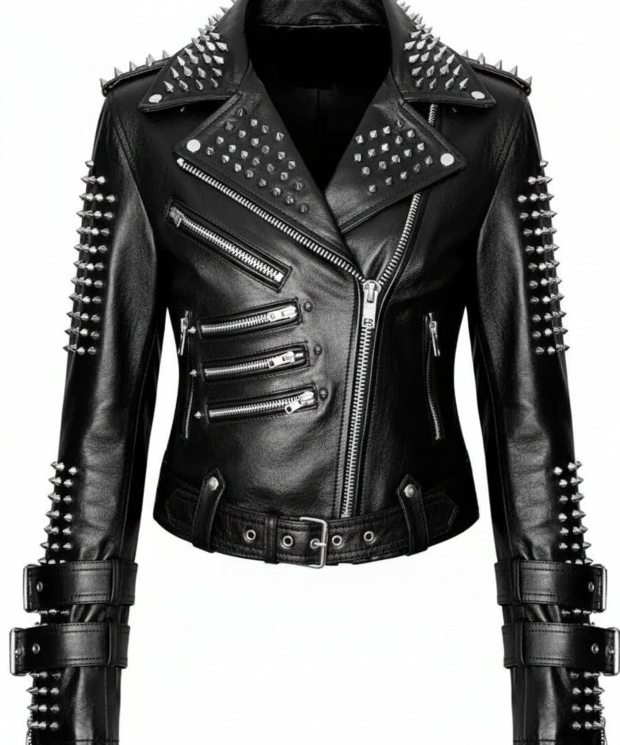 Punk Handmade Women Black Silver Spiked Studded Leather Biker Jacket