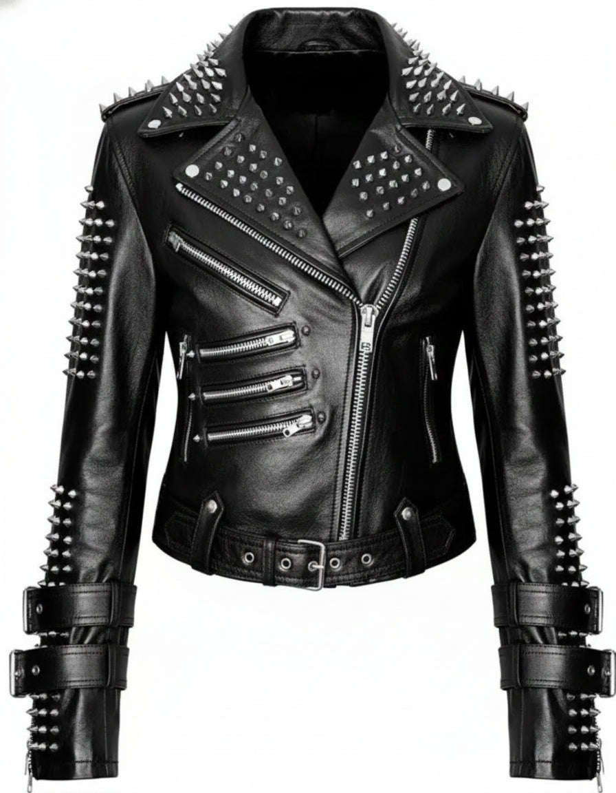 Punk Handmade Women Black Silver Spiked Studded Leather Biker Jacket