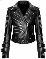 Punk Handmade Women Black Silver Spiked Studded Leather Biker Jacket