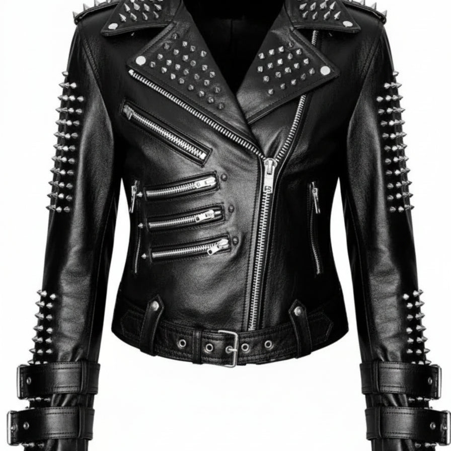 Punk Handmade Women Black Silver Spiked Studded Leather Biker Jacket