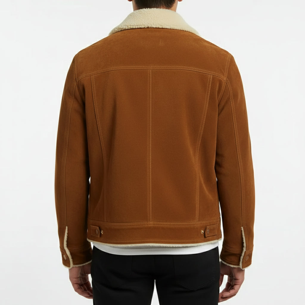 Men's Handmade Brown Suede Sherpa-Lined Trucker Jacket