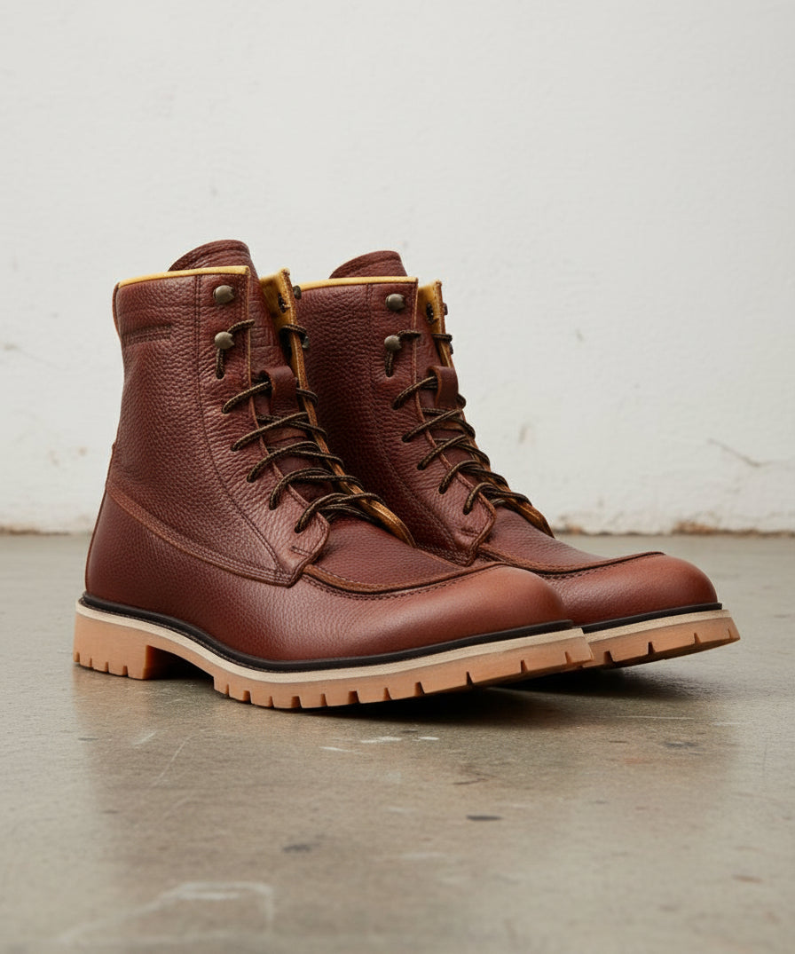 American Full-Grain Leather Soft Calf Frontal Impact Protection Walnut Brown Moto Biker Boots - angle-view-showing-depth