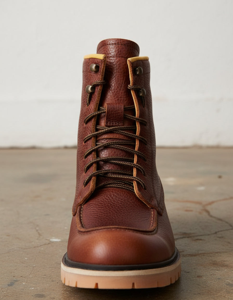 American Full-Grain Leather Soft Calf Frontal Impact Protection Walnut Brown Moto Biker Boots - detail-view-showing-texture