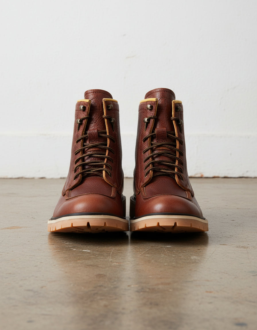 American Full-Grain Leather Soft Calf Frontal Impact Protection Walnut Brown Moto Biker Boots - front-view