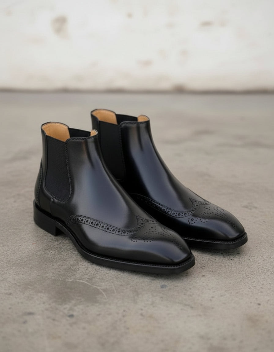 Handmade Men's Black Wingtip Chelsea Boots