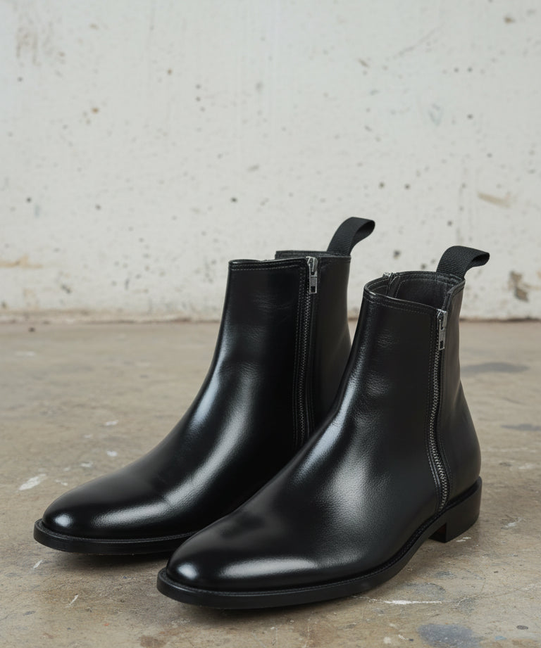 Handcrafted Men's Black Full-Grain Leather High Ankle Boots with Side Zippers