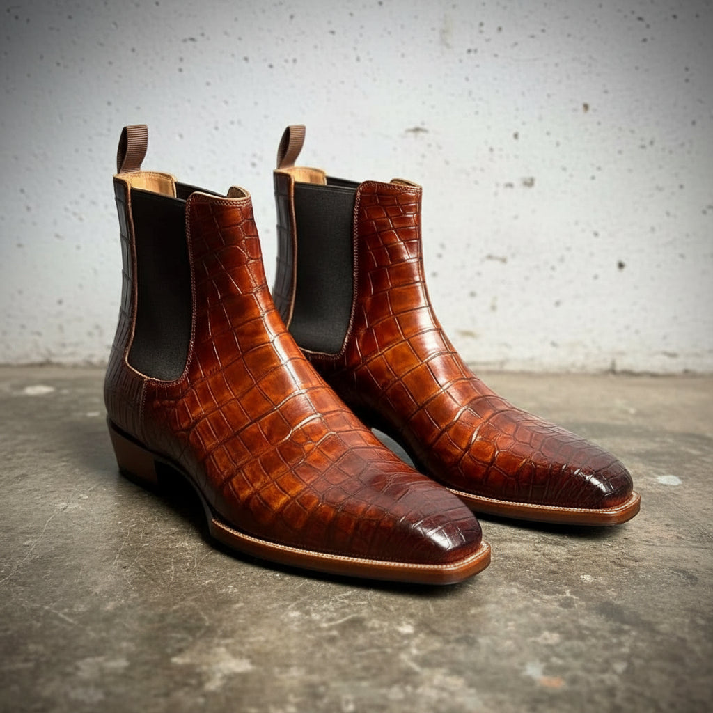 Handcrafted Men's Brown Chelsea Boots with Crocodile Pattern