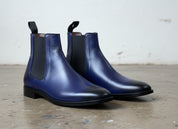 Men's Navy Blue Handmade Leather Ankle Chelsea Boots
