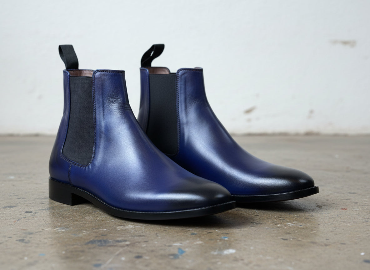 Men's Navy Blue Handmade Leather Ankle Chelsea Boots