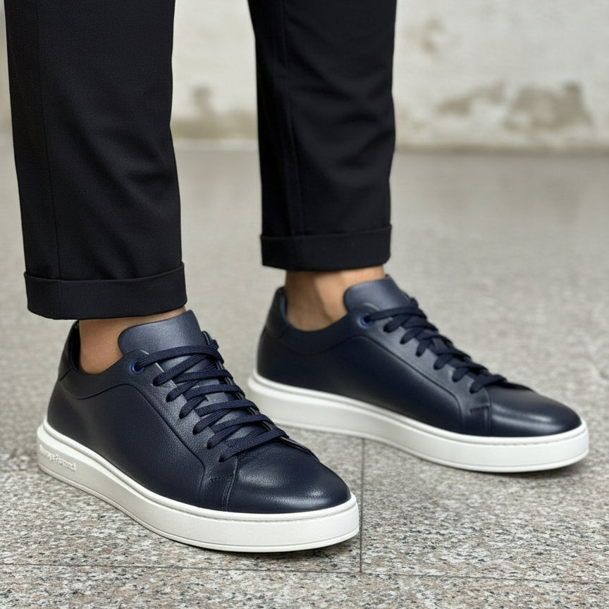 Men's Leather Navy Plain-Toe Sneaker