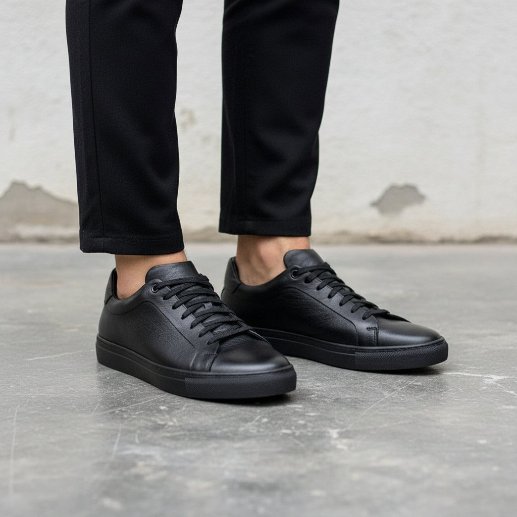 Black Leather Lace-Up Sneakers for Men