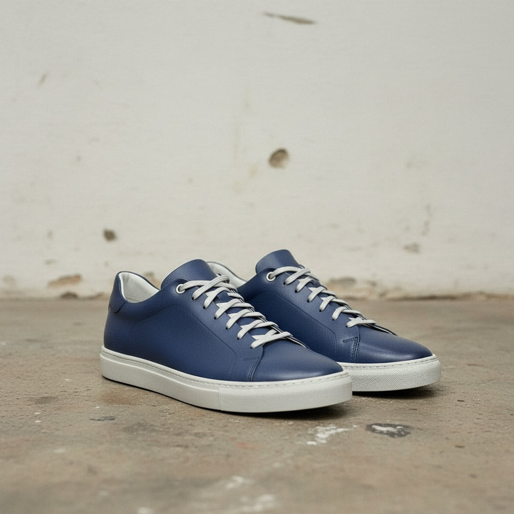 Men's Navy Blue Lace-Up Leather Sneakers