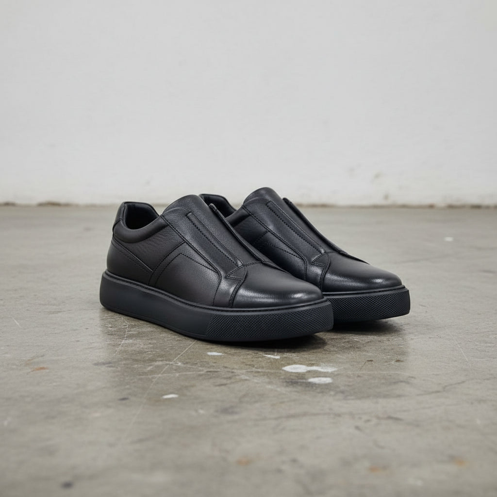 Men's Black Leather Slip-On Sneakers