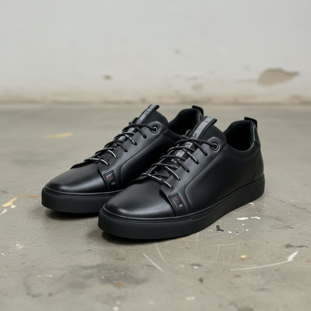 Men's Black Leather Plain-Toe Sneakers
