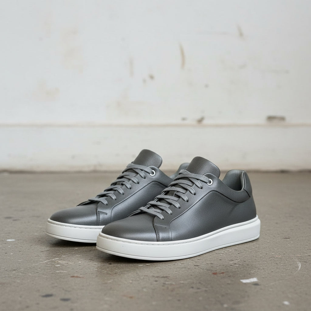 Gray Leather Lace-Up Sneakers for Men