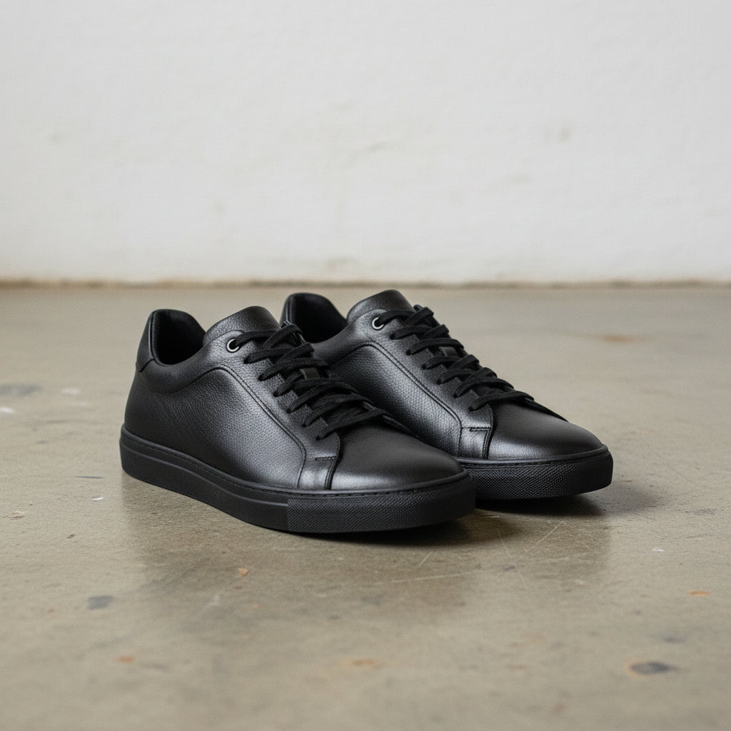 Men's Black Leather Plain-Toe Sneakers