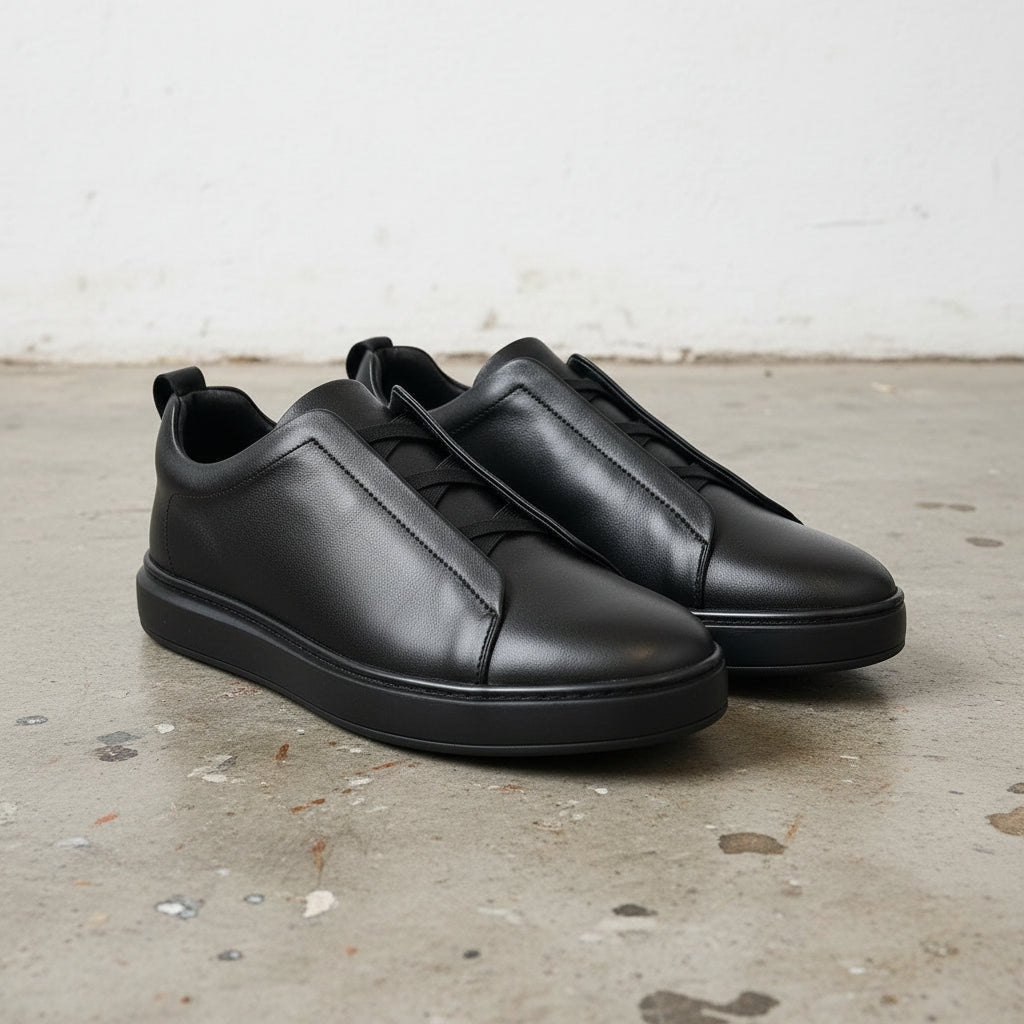Men's Black Leather Slip-On Sneakers