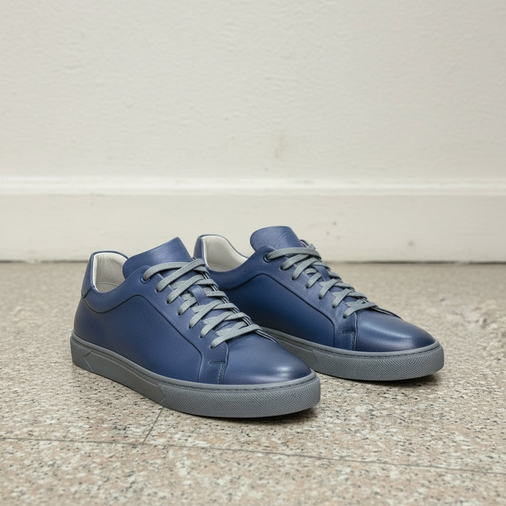 Men's Blue Leather Plain-Toe Sneakers