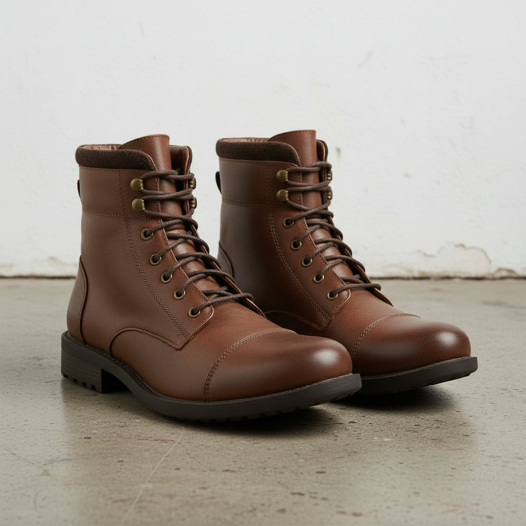 Men's Handmade Brown Leather Combat Boots with Cap Toe