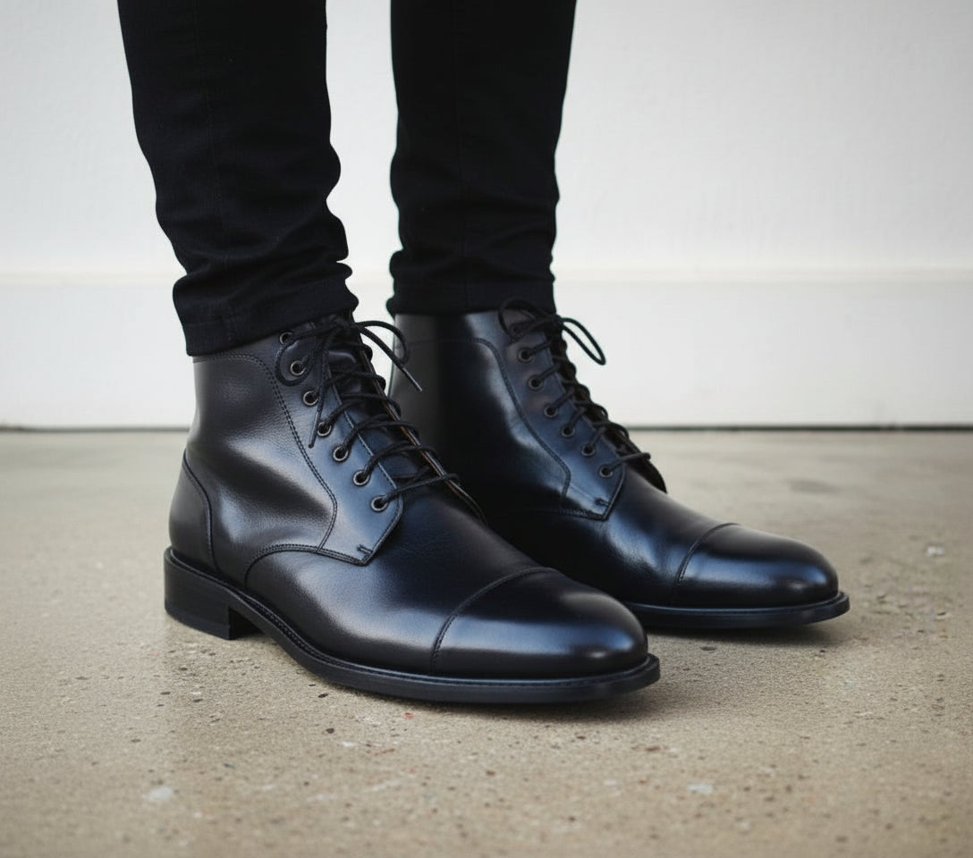 Handcrafted Men's Black Cap Toe Ankle Boots