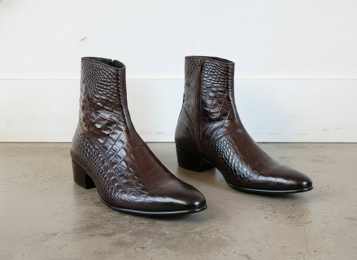 Handmade Men's Brown Classic Alligators  Side Zipper Boots