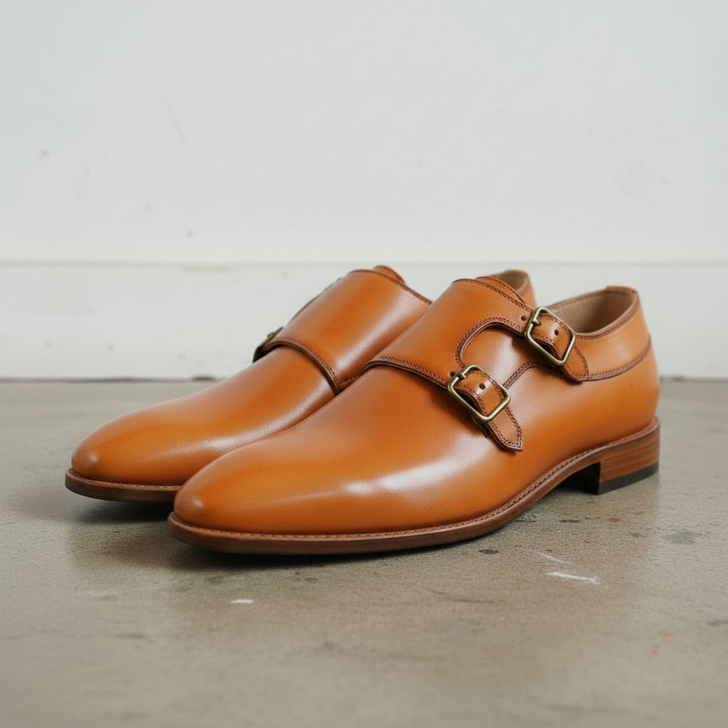 Handmade Men's Tan Double Monk Dress Shoes
