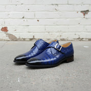 Handmade Men's Blue Crocodile Embossed Monk Dress Shoes