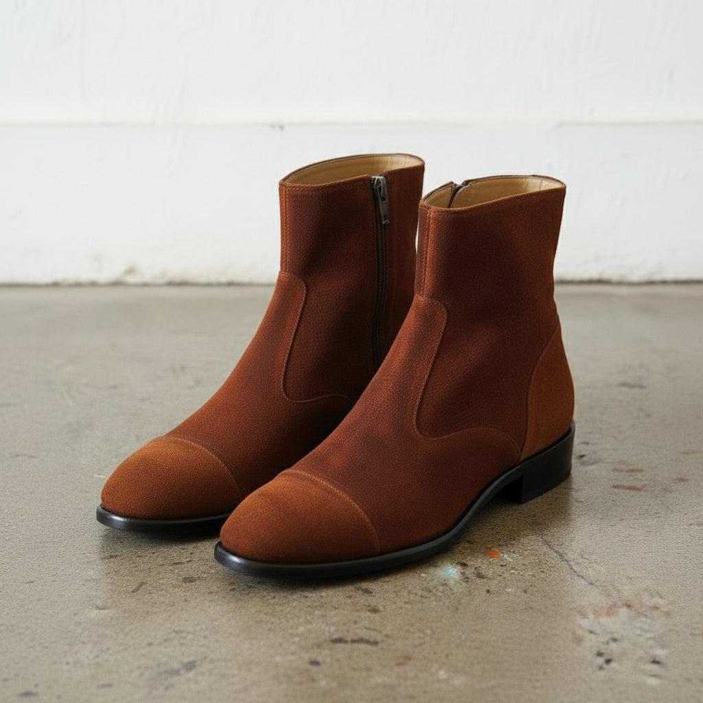 Handmade Men's Brown Cap Toe Ankle Boots with Side Zipper