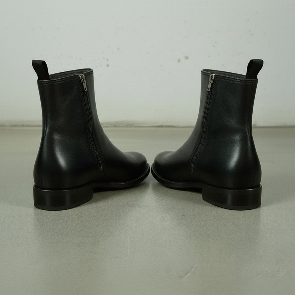 Men's Black Full-Grain Leather High Ankle Boots with Side Zippers