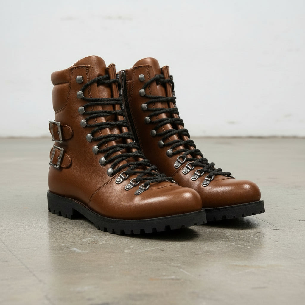 Men's Brown Plain-Toe Leather Hiker Boots