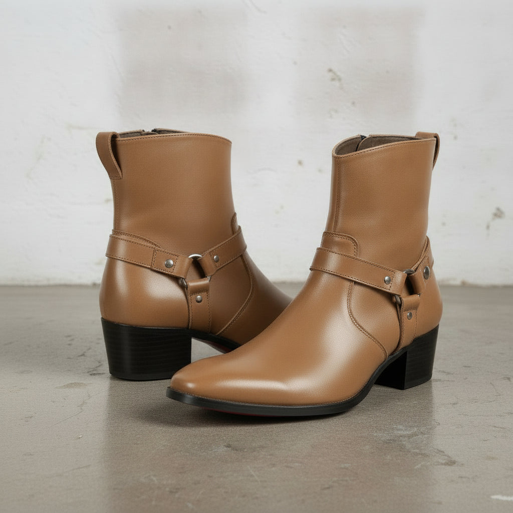 Men's Tan Plain-Toe Leather Ankle Biker Boots
