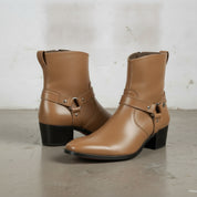 Men's Tan Plain-Toe Leather Ankle Biker Boots