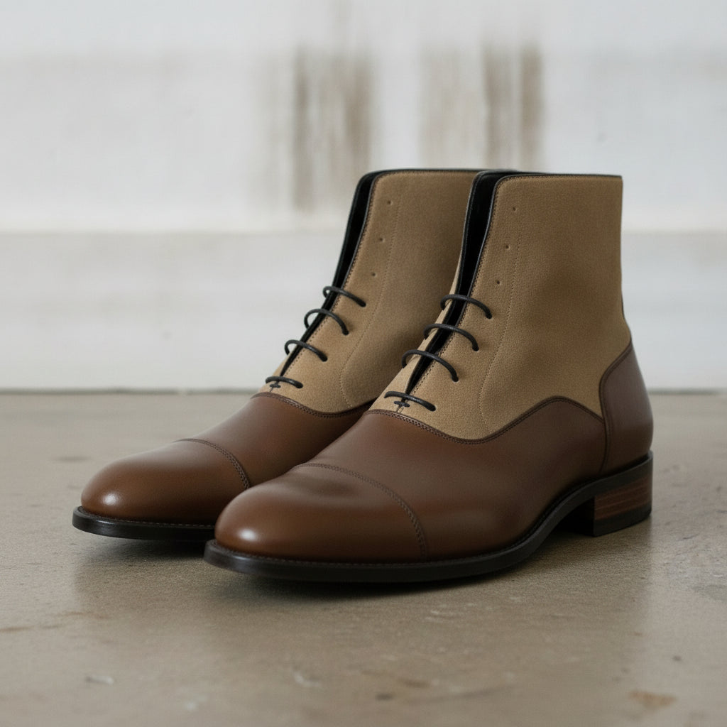 Men's Brown and Tan Cap-Toe Leather Lace-Up Boots