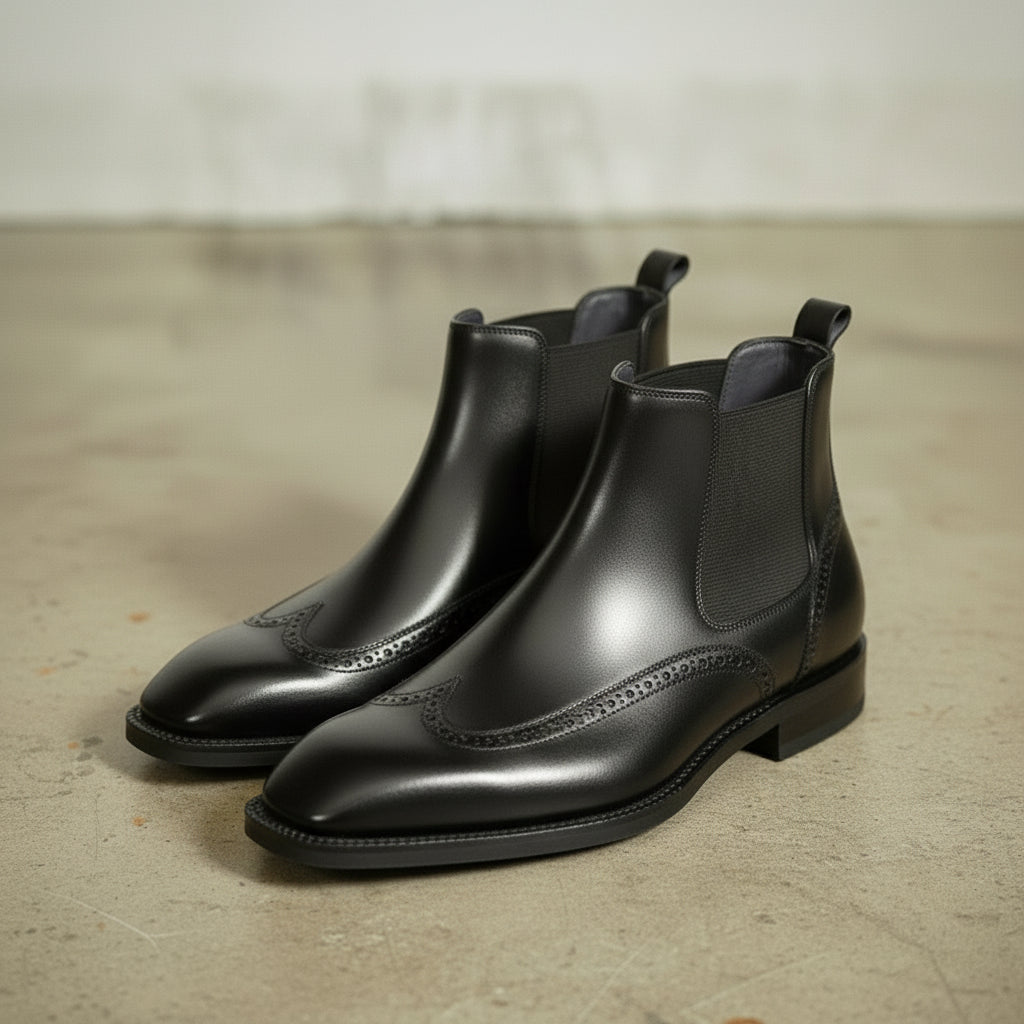 Men's Black Wingtip Leather Chelsea Boots