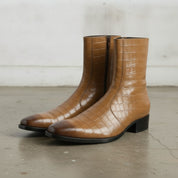 Men's Tan Crocodile-Embossed Leather Ankle Boots
