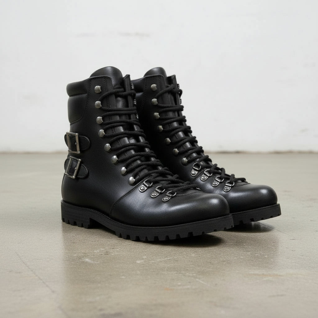 Men's Black Plain-Toe Leather Hiker Boots