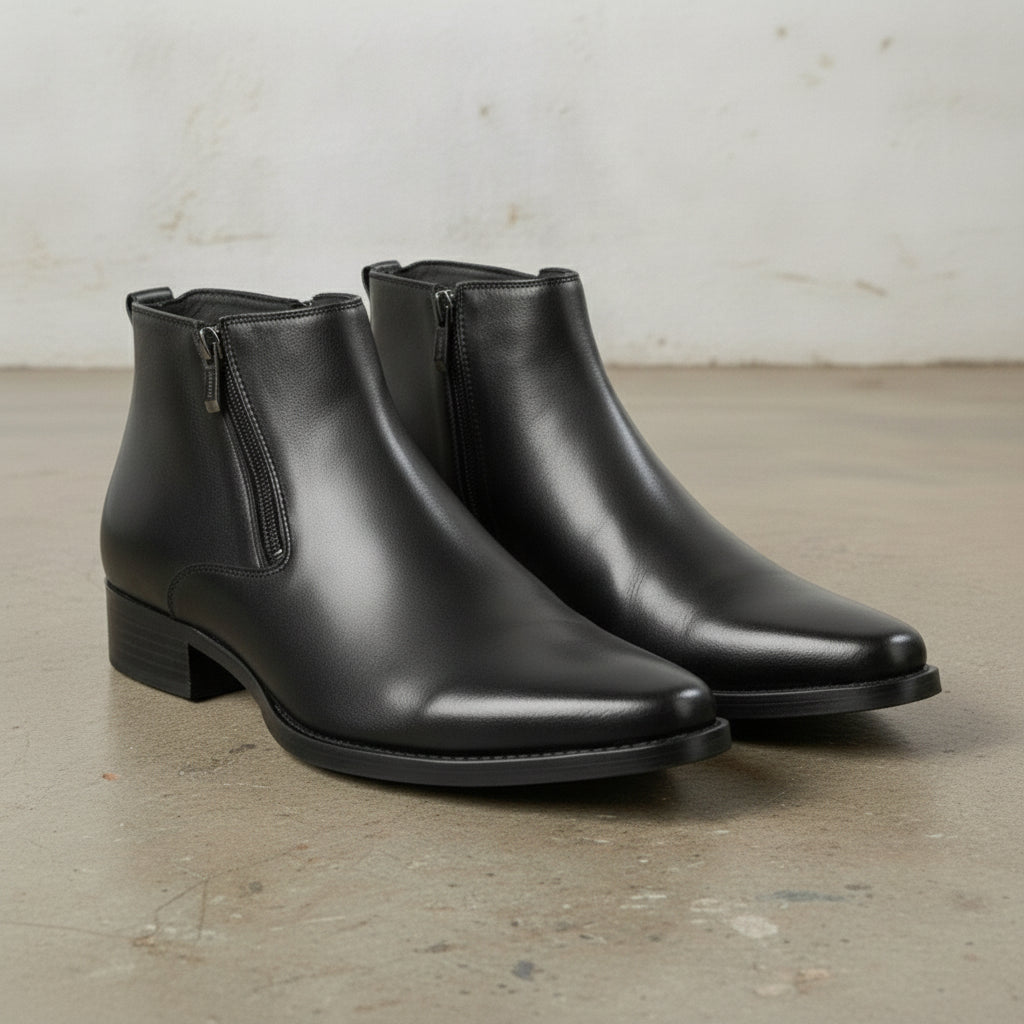 Men's Black Plain-Toe Leather Ankle Boots