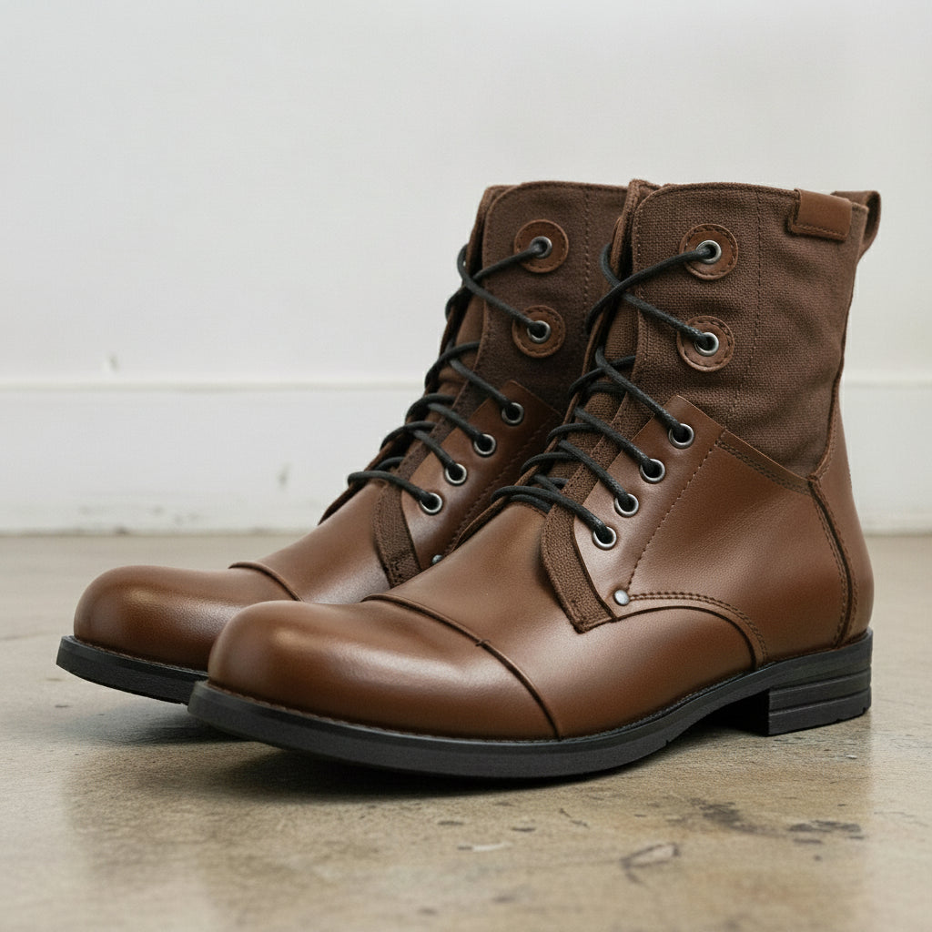 Men's Brown Cap-Toe Leather Lace-Up Combat Boots — Alderley